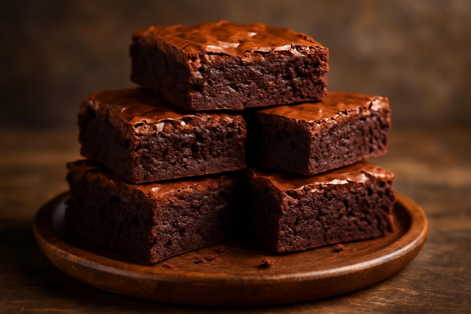 Pilha de brownies apetitosos em um prato rústico.