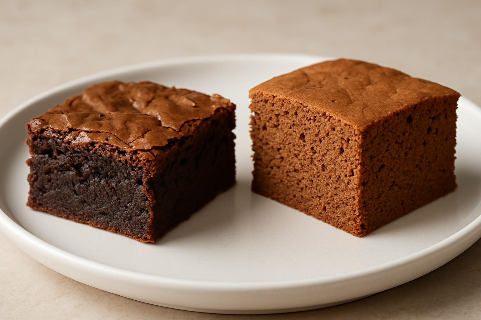 Comparação visual lado a lado: um brownie fudgy denso e úmido à esquerda, e um brownie cakey mais aerado à direita.