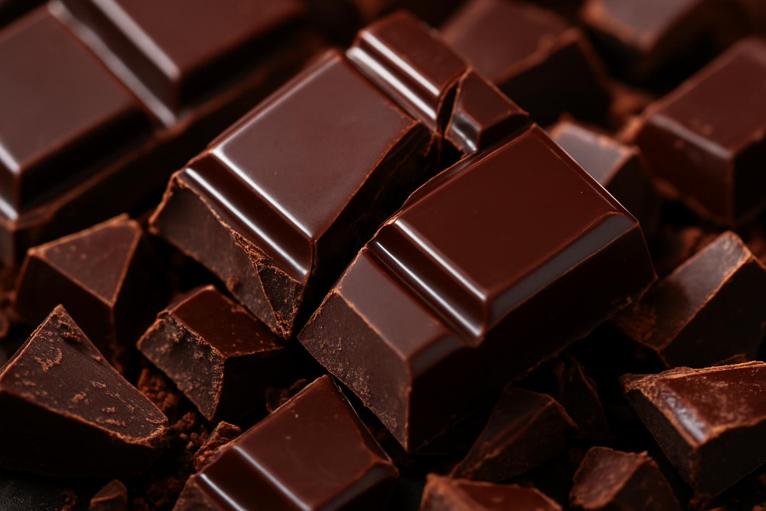 Detalhe de barras de chocolate meio amargo de boa qualidade sendo quebradas.