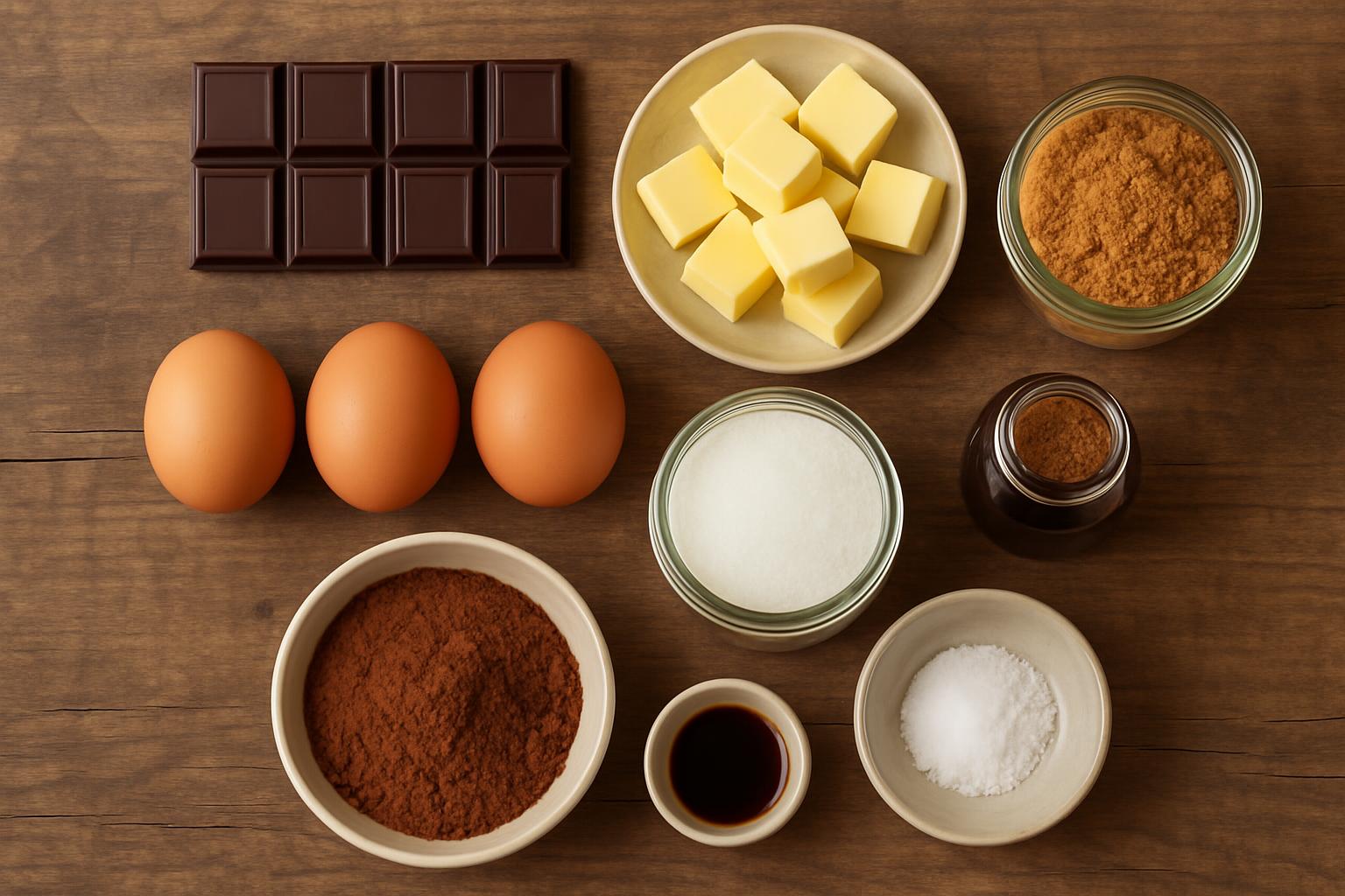 Flat lay com os ingredientes principais organizados: barras de chocolate meio amargo, manteiga, ovos, potes com açúcar branco e mascavo, farinha, cacau, baunilha e sal.