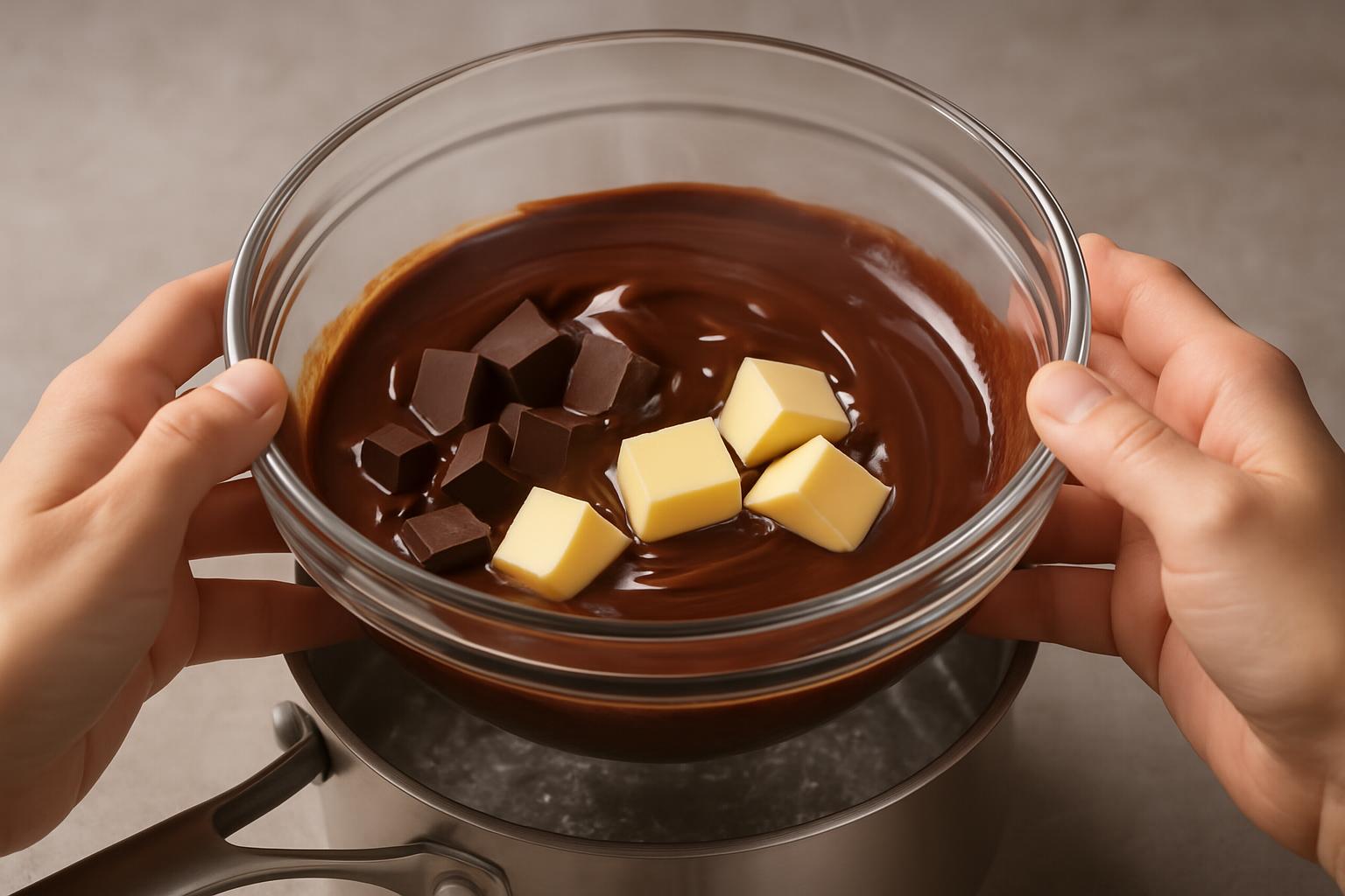 Mãos derretendo chocolate e manteiga em banho-maria, mistura lisa e brilhante.