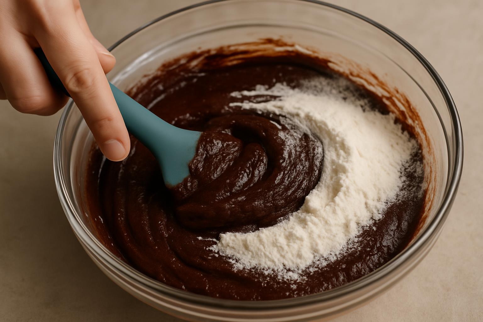 Massa de brownie sendo incorporada delicadamente com uma espátula, mostrando a textura densa.