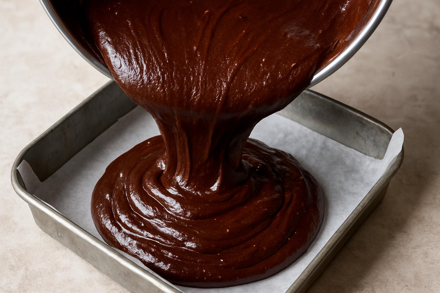 Massa de brownie sendo despejada na forma quadrada forrada com papel manteiga.