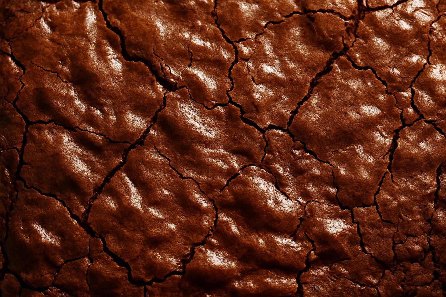 Close-up extremo da casquinha brilhante e craquelada de um brownie recém-assado.