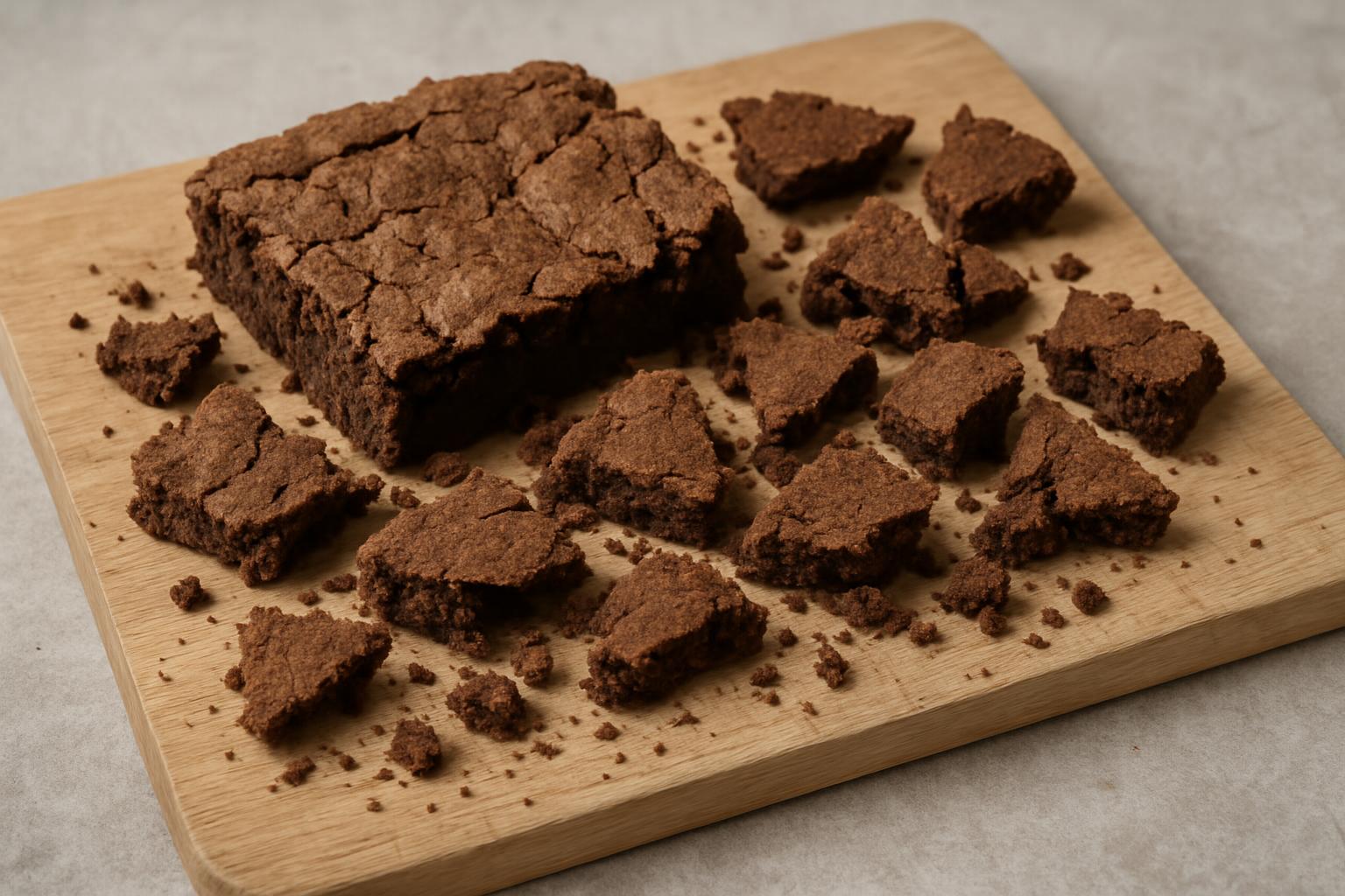 Imagem ilustrativa de um brownie que deu errado, talvez um pouco seco e esfarelado ao cortar.