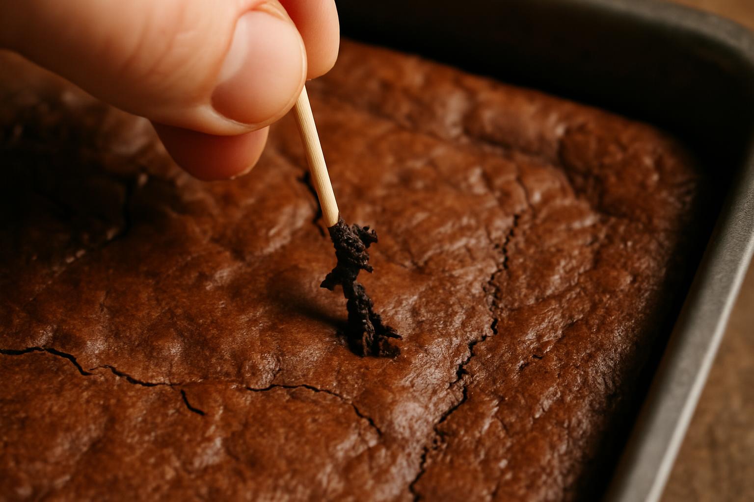 Palito sendo inserido no centro de um brownie e saindo com migalhas úmidas grudadas.