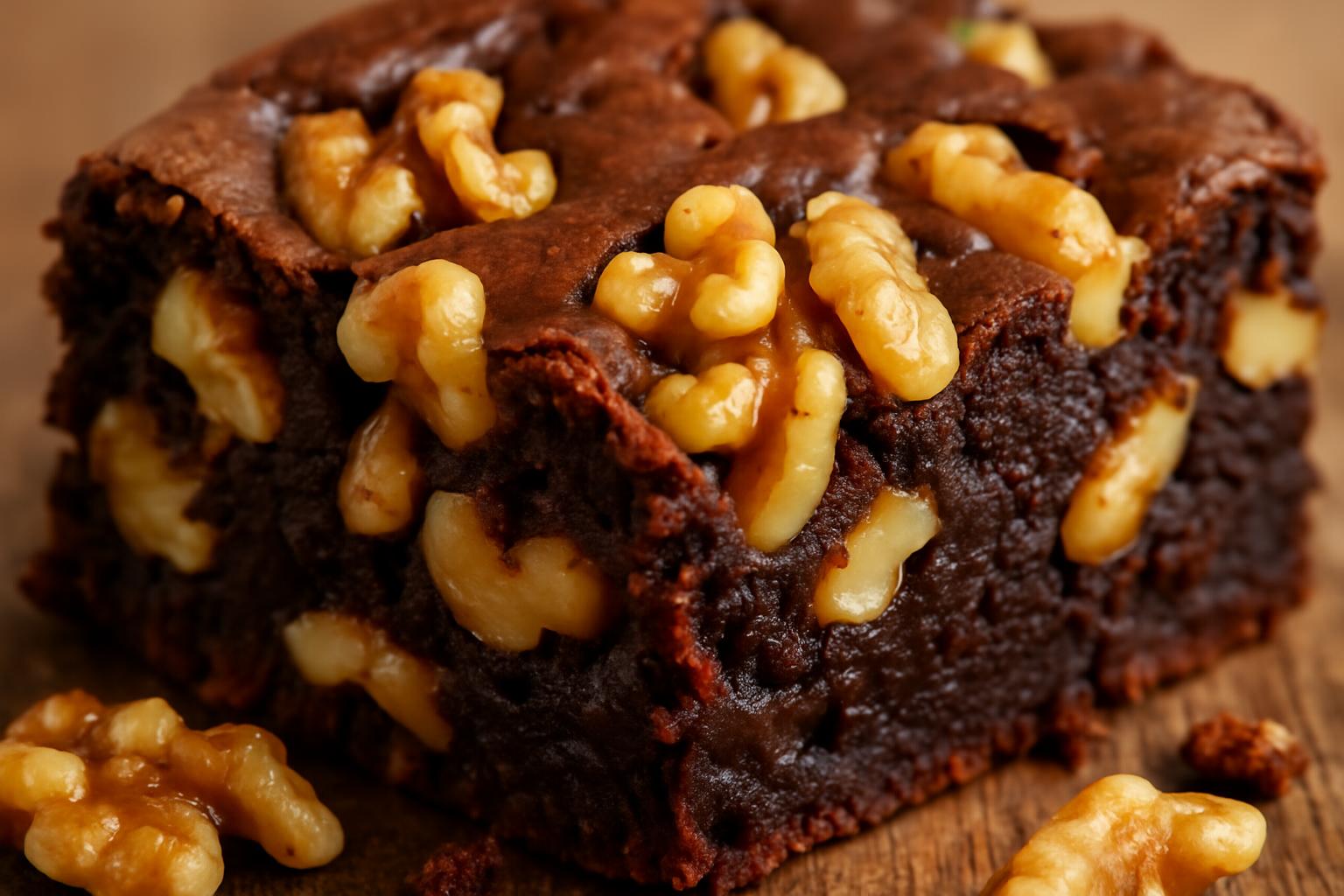 Close-up de um pedaço de brownie com generosos pedaços de nozes crocantes.