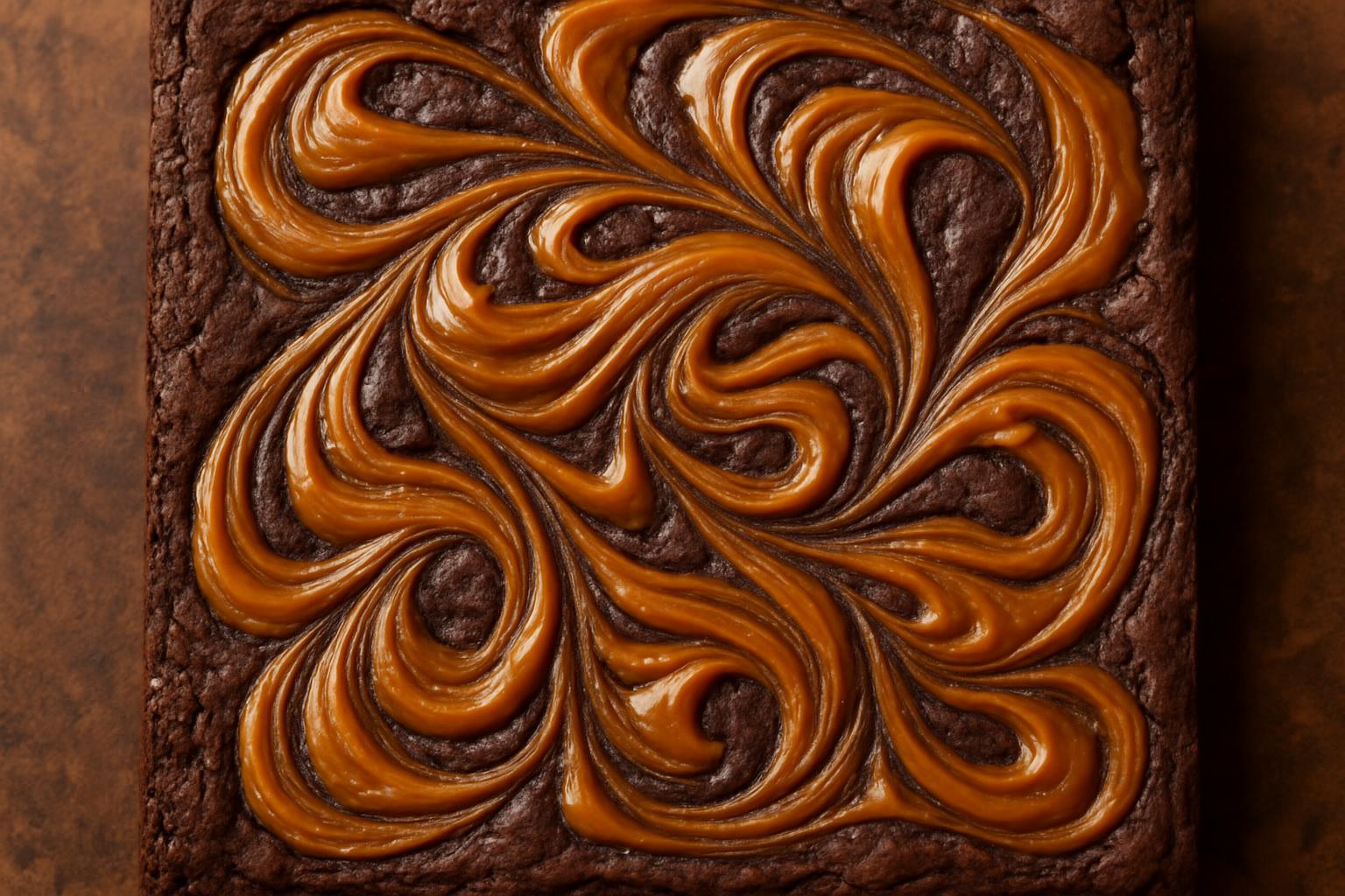 Brownie visto de cima com um swirl de doce de leite cremoso na superfície.
