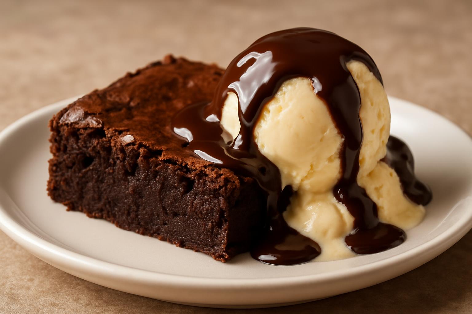 Fatia generosa de brownie morno com bola de sorvete de creme e calda de chocolate.