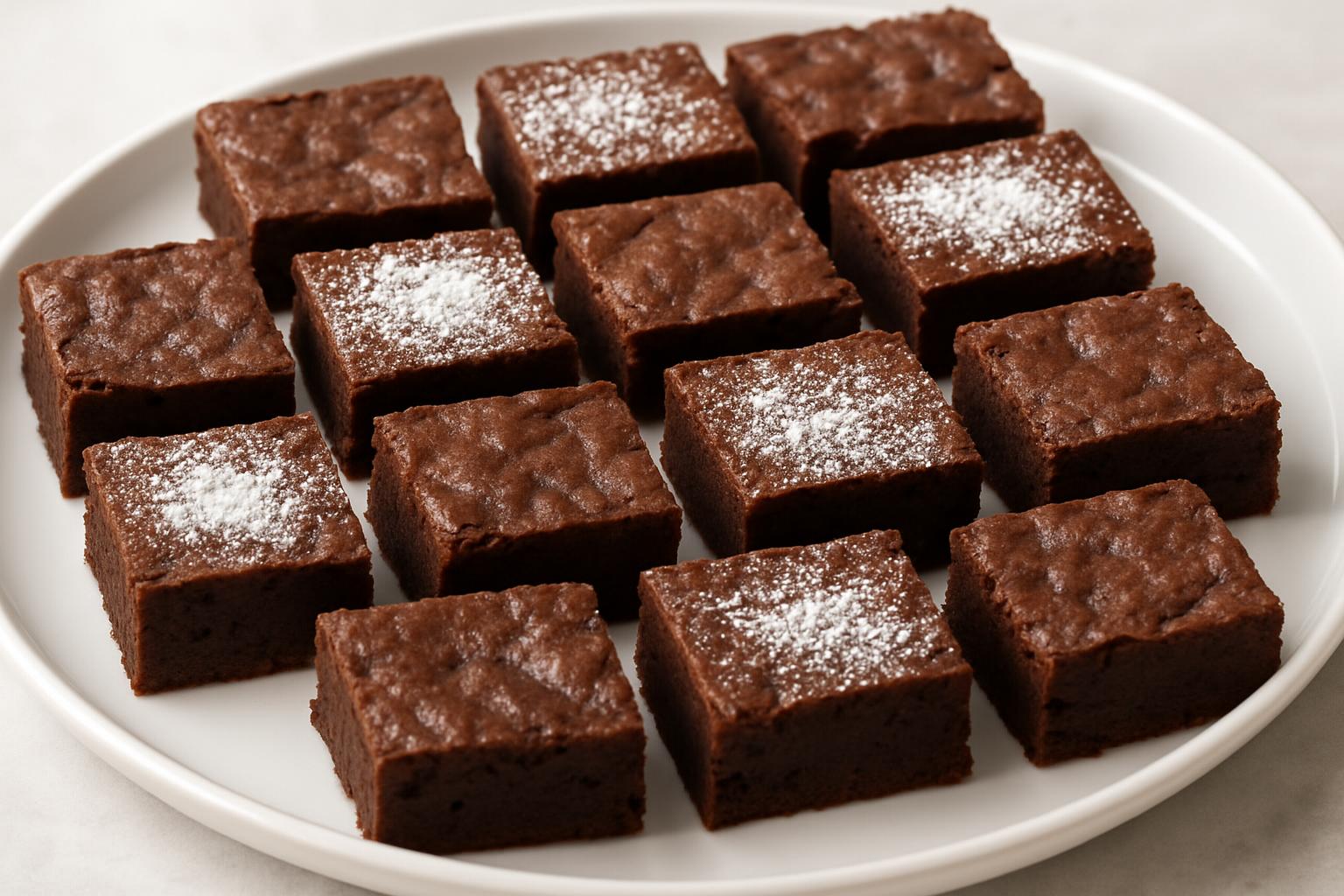 Brownies cortados em quadrados pequenos e uniformes em uma bandeja de servir.