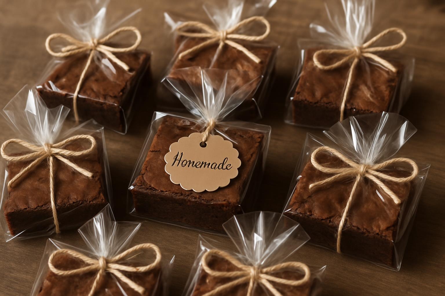 Brownies embalados individualmente em celofane com laços ou etiquetas.