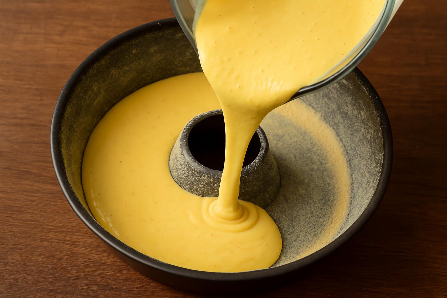 Massa líquida amarelada de bolo de fubá sendo despejada na forma redonda untada