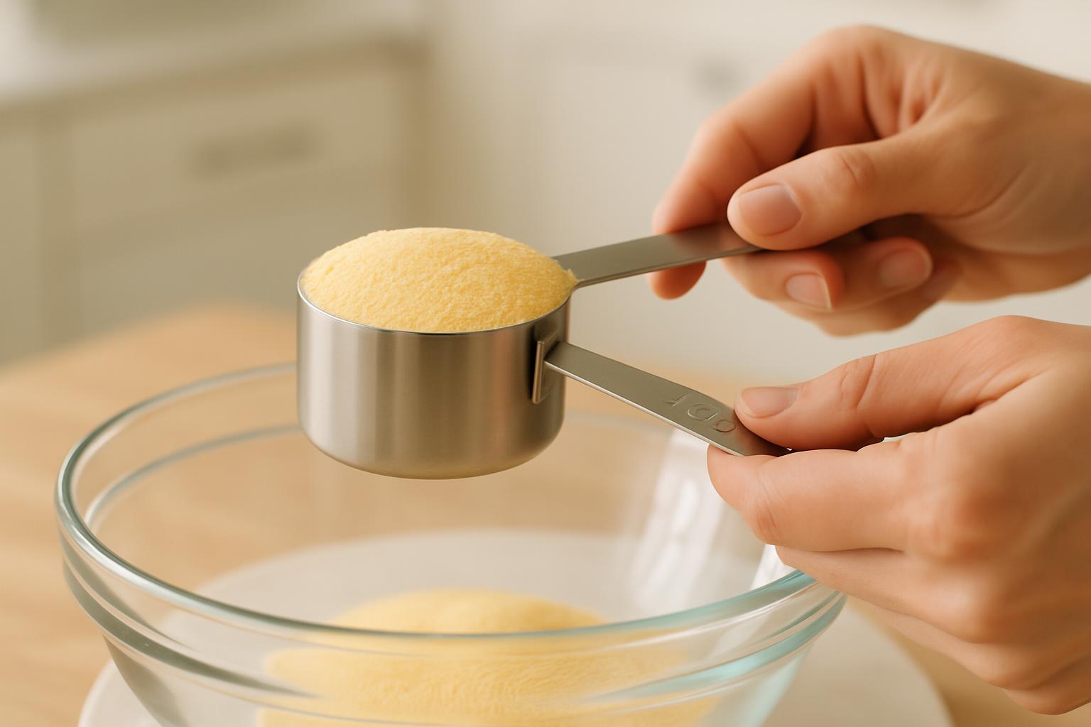 Mãos medindo fubá mimoso com precisão usando xícara medidora