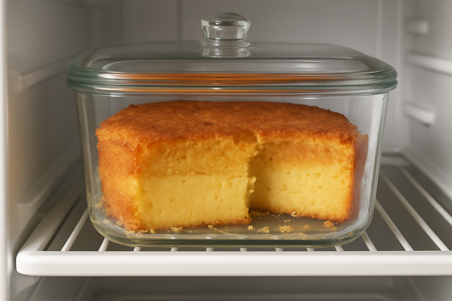 Bolo de fubá cremoso armazenado corretamente em recipiente de vidro fechado na geladeira