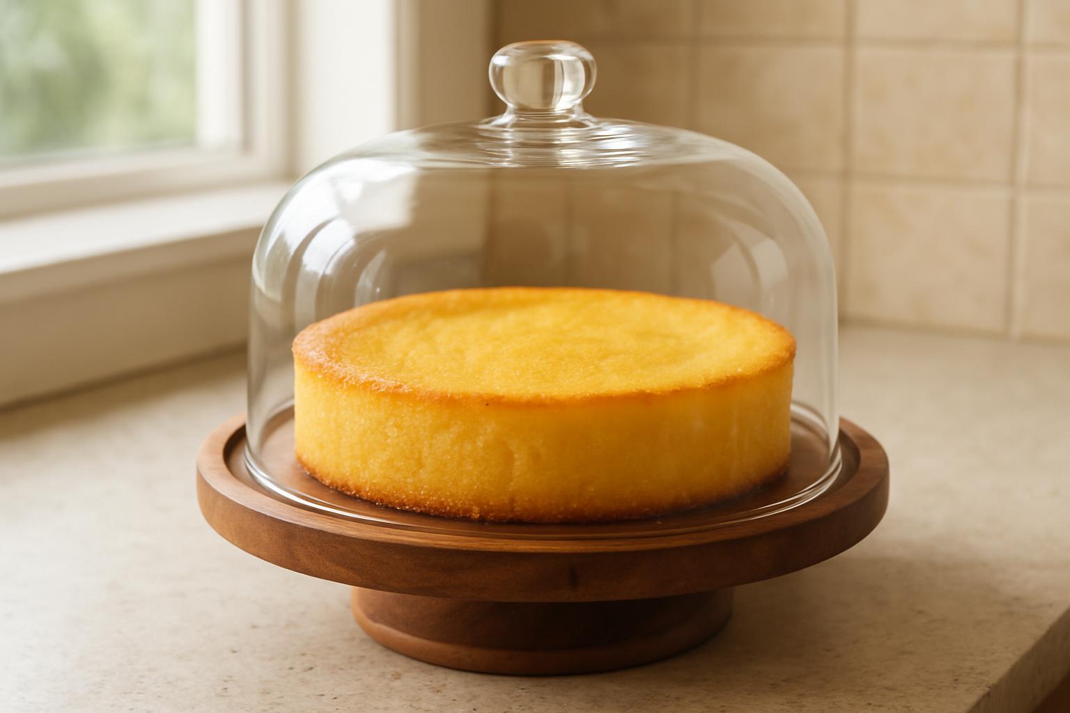 Bolo de fubá cremoso inteiro coberto com redoma de vidro para armazenamento em temperatura ambiente