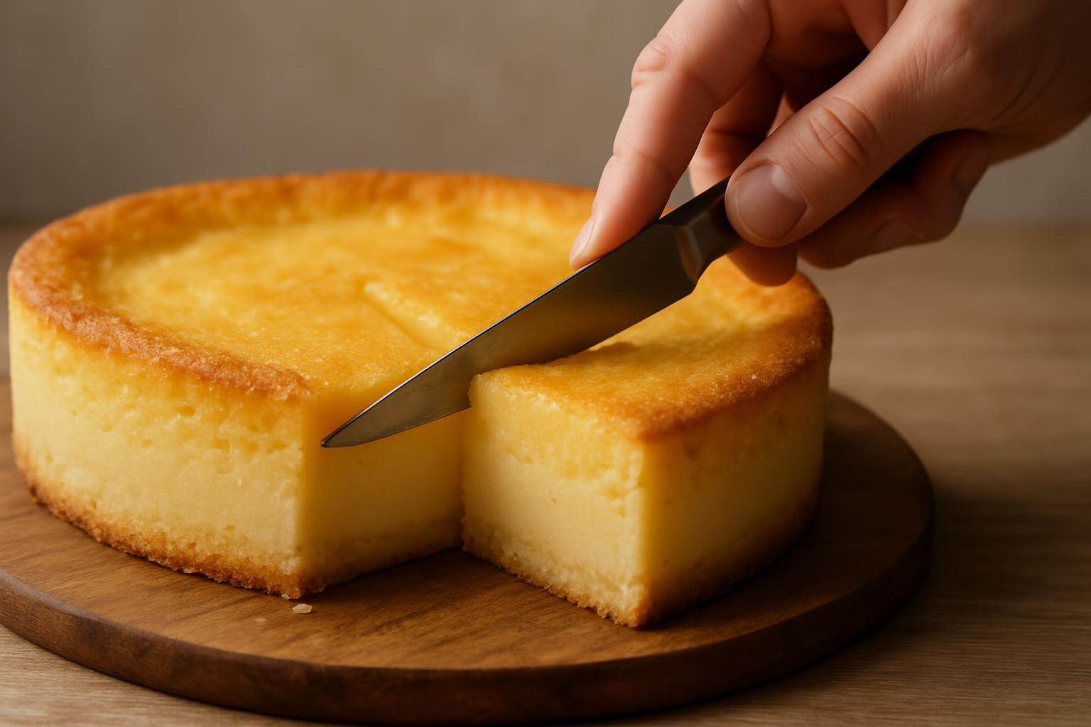 Mão cortando fatia de bolo de fubá cremoso já frio, mostrando as camadas firmes e definidas