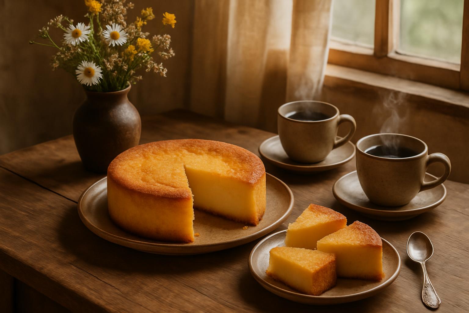 Mesa de café da tarde rústica com bolo de fubá cremoso inteiro, fatias cortadas e xícaras de café fumegante