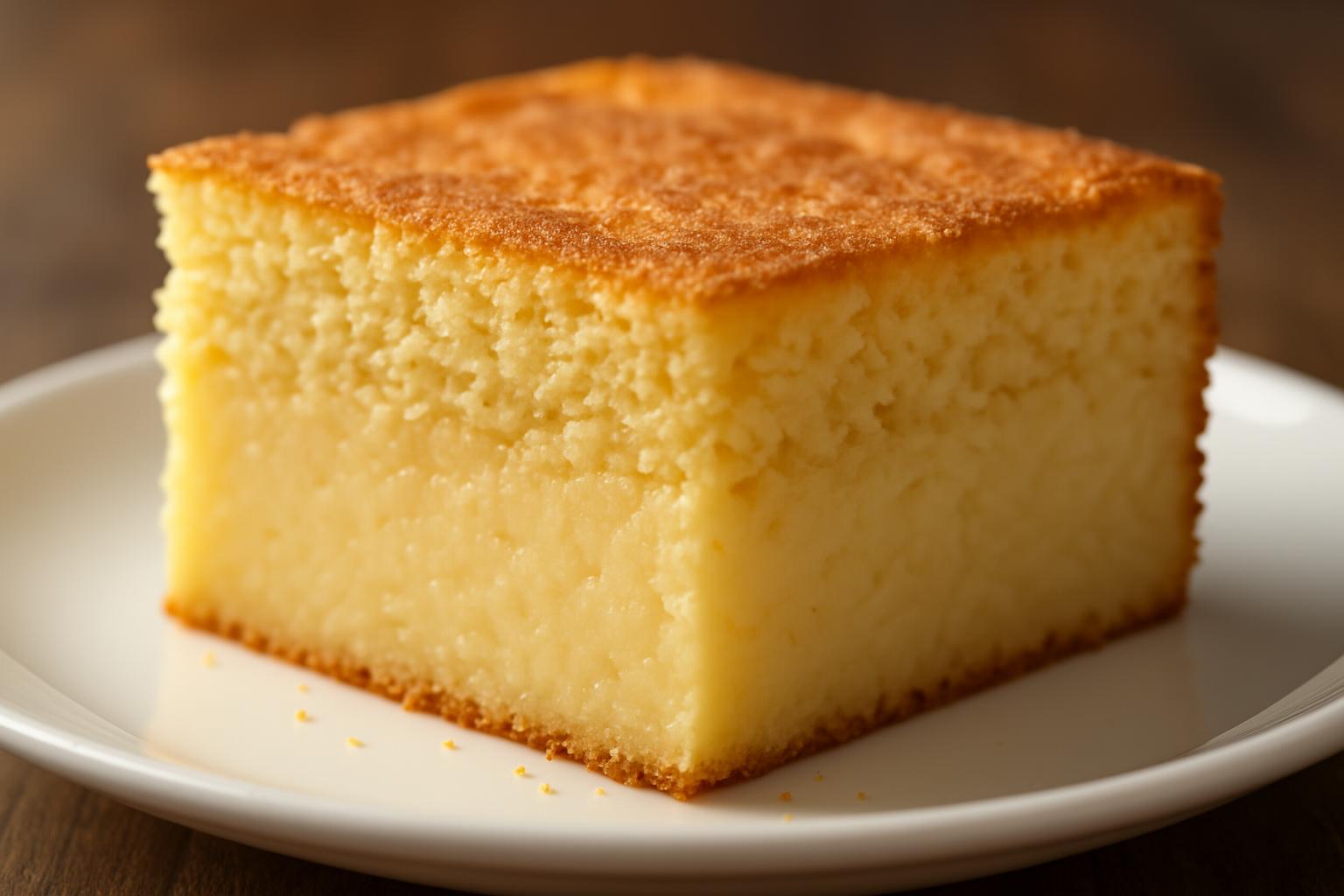 Close-up de fatia de bolo de fubá cremoso mostrando duas texturas distintas: base cremosa e topo fofo