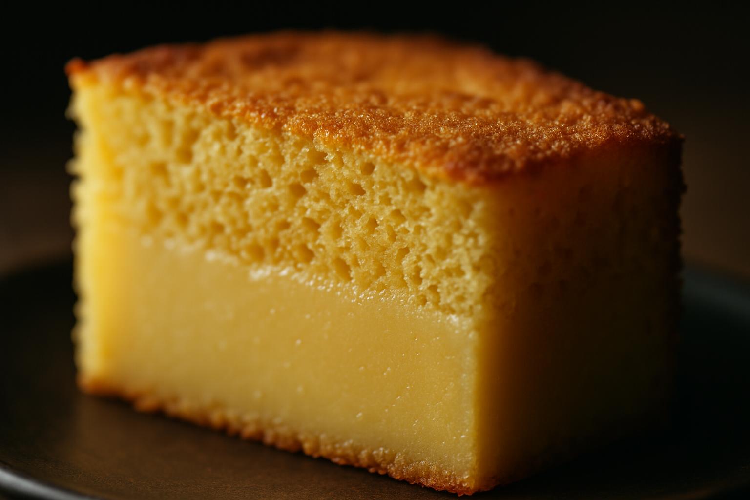 Detalhe macro da separação das camadas do bolo de fubá cremoso, destacando a diferença de textura