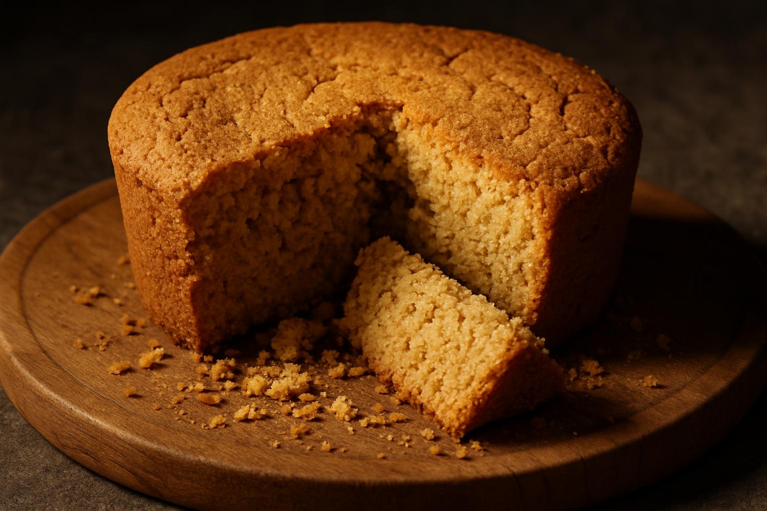 Exemplo de bolo de fubá que deu errado, com aparência seca e esfarelenta