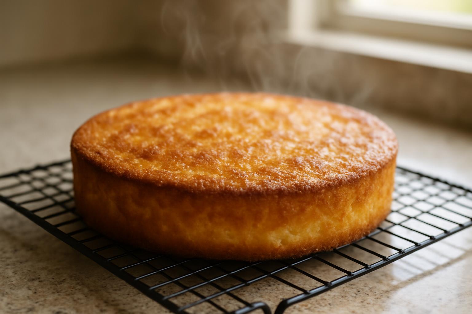 Bolo de fubá cremoso inteiro, recém-assado e dourado, esfriando sobre uma grade de metal