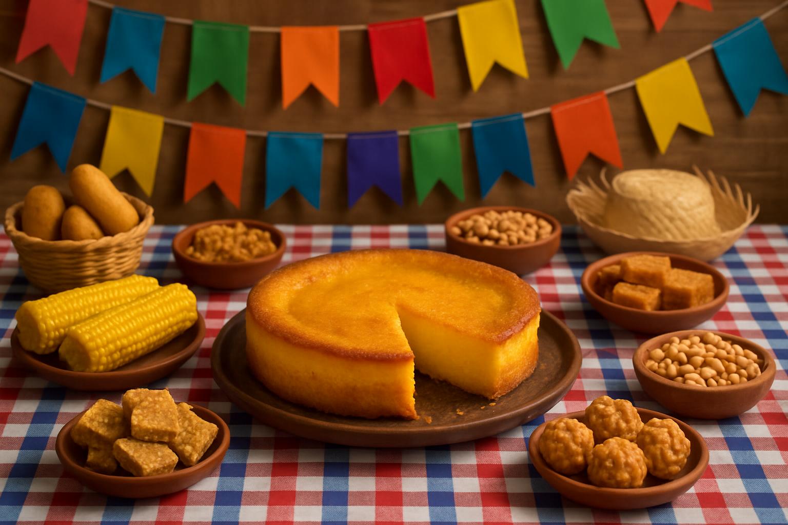 Bolo de fubá cremoso inteiro em destaque numa mesa decorada para Festa Junina