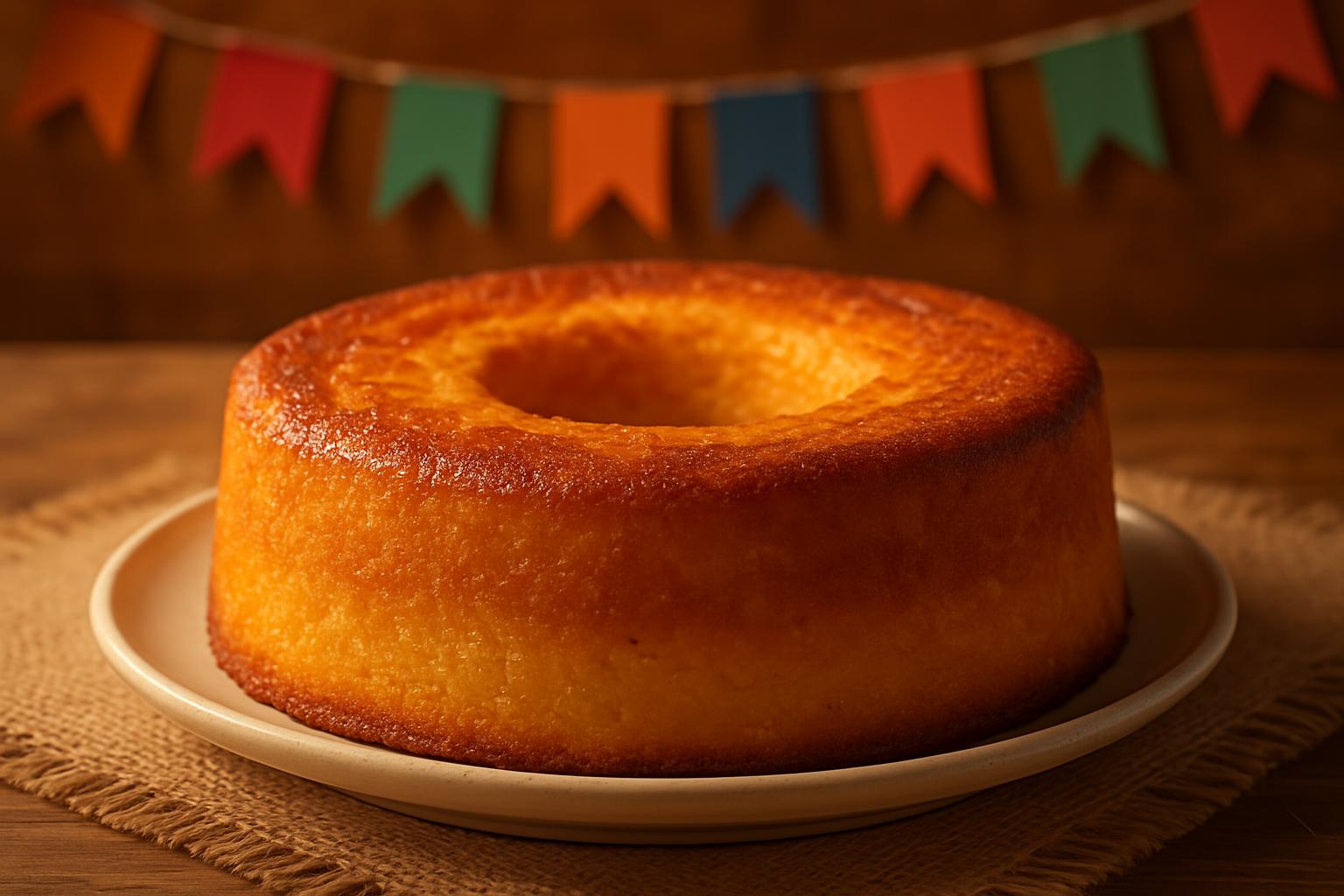 Bolo de fubá cremoso inteiro e dourado em prato, pronto para celebração, com decoração junina sutil
