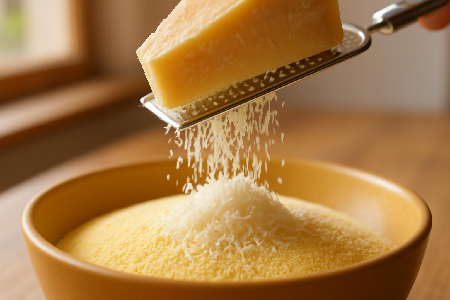 Queijo parmesão sendo ralado finamente sobre tigela com fubá mimoso