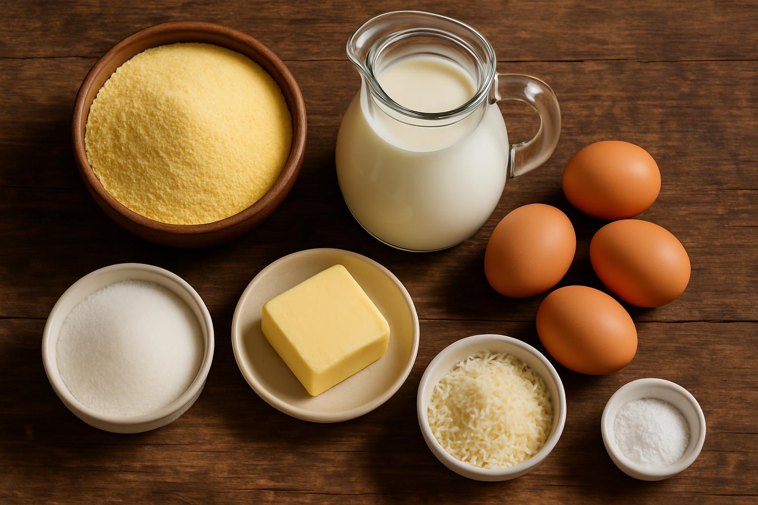 Ingredientes para bolo de fubá cremoso (fubá, leite, ovos, queijo) arranjados em flat lay sobre madeira rústica