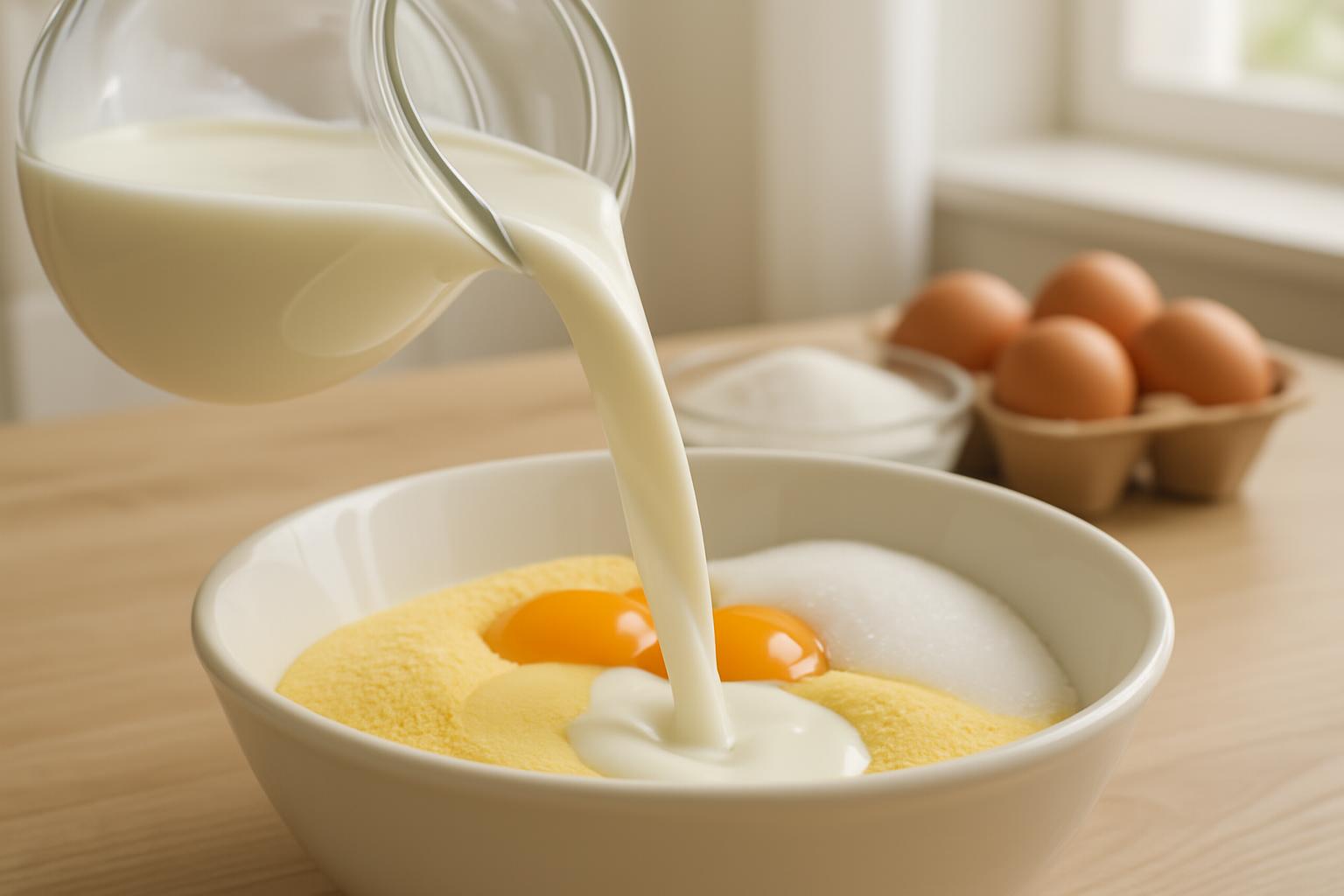 Leite integral cremoso sendo despejado em tigela para a receita do bolo de fubá