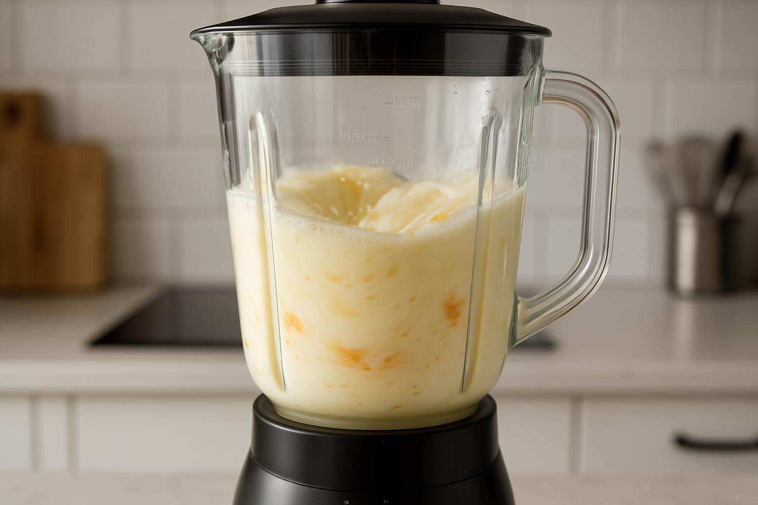 Ingredientes líquidos sendo batidos no liquidificador para a massa do bolo de fubá cremoso