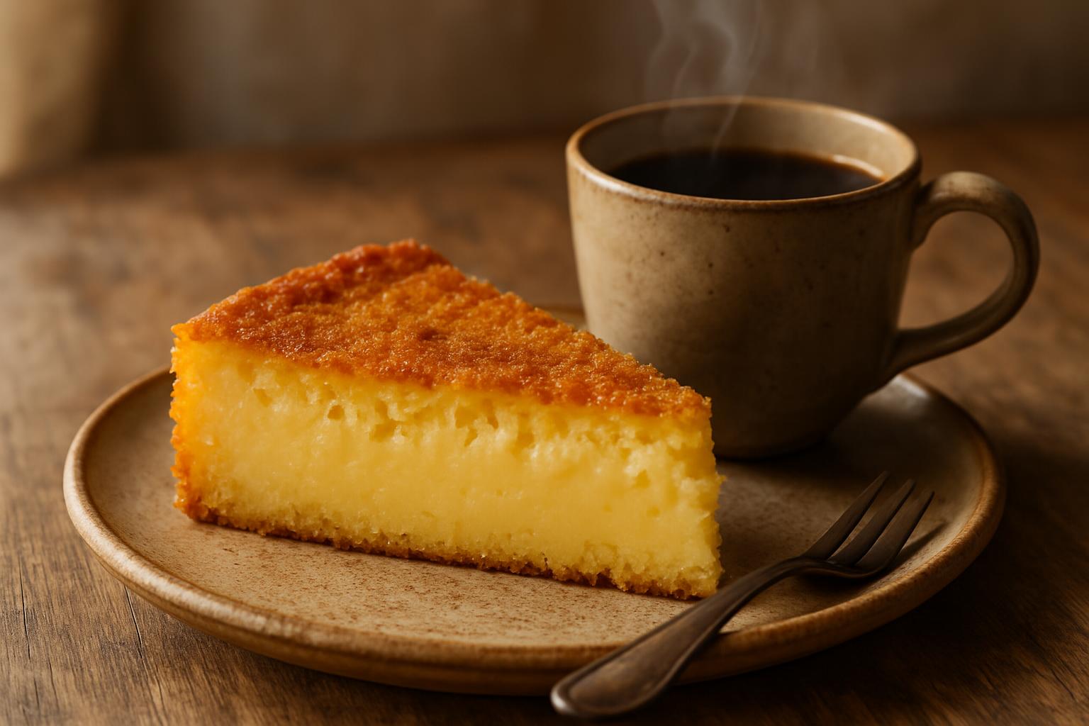 Fatia de bolo de fubá cremoso em prato rústico ao lado de xícara de café preto fumegante