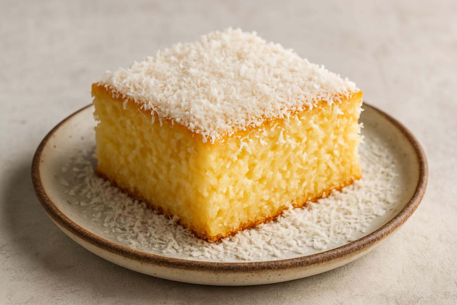 Fatia de bolo de fubá cremoso com coco ralado visível na massa e polvilhado por cima