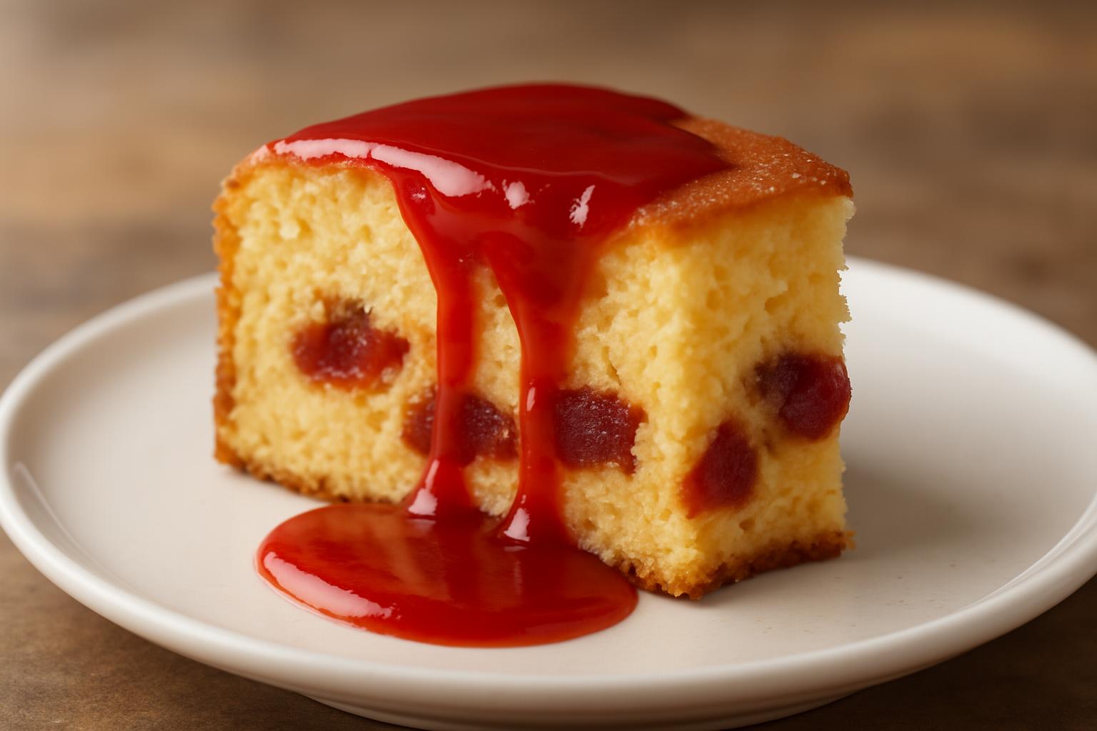 Fatia de bolo de fubá cremoso com pedaços de goiabada na massa e calda escorrendo
