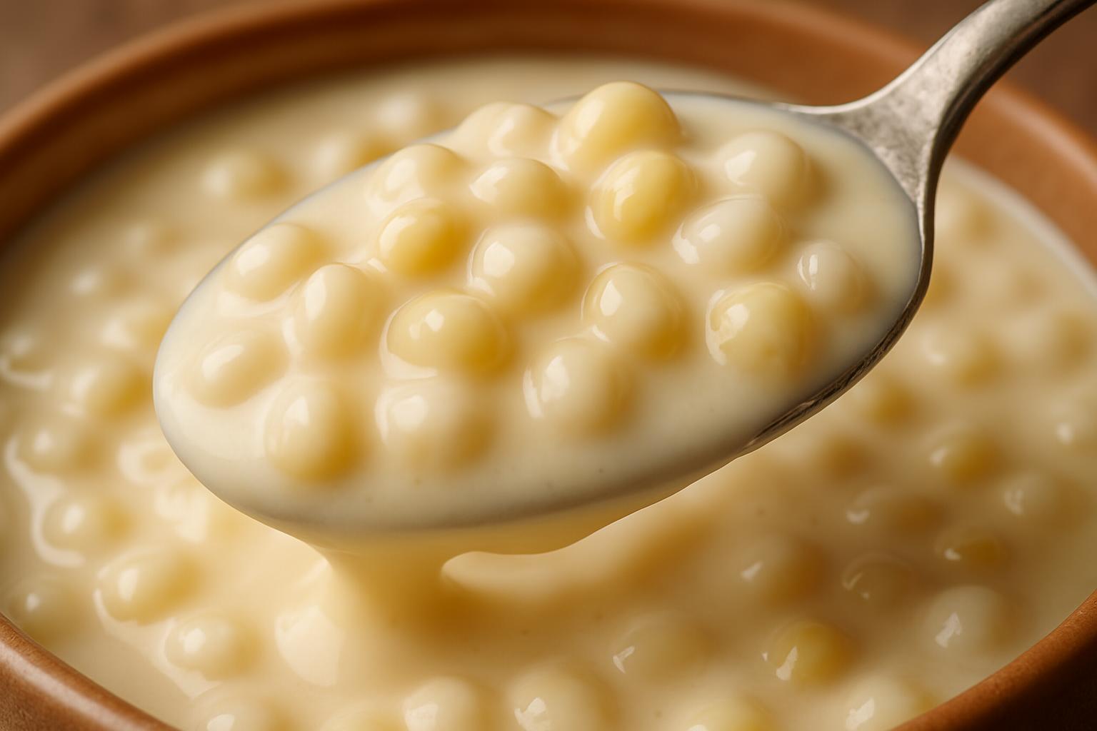 Close-up de colher pegando canjica cremosa, mostrando a textura aveludada e os grãos de milho macios.