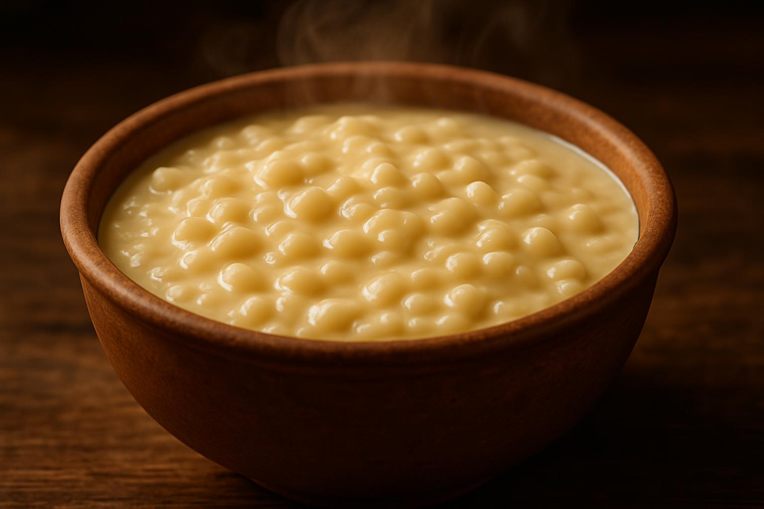 Canjica cremosa e fumegante em uma tigela de barro rústica, decorada com canela em pau.