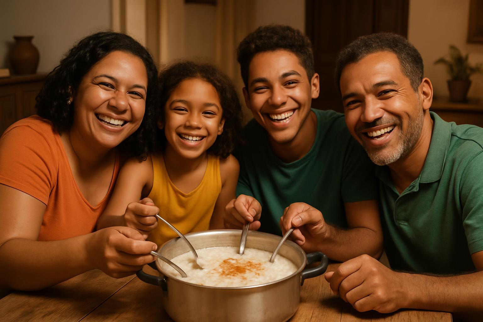 Família sorrindo reunida em volta de uma mesa junina, com uma panela grande de canjica no centro.