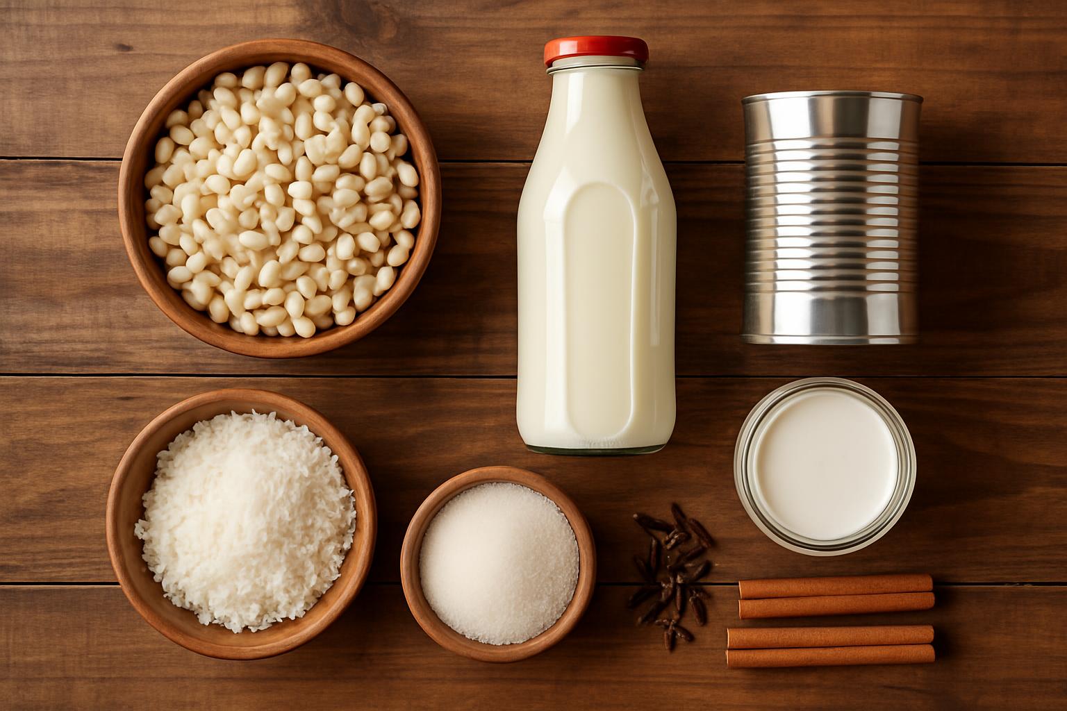 Ingredientes básicos para canjica (milho branco, leite, leite condensado, leite de coco, coco ralado, açúcar, cravo, canela) organizados sobre uma superfície rústica.