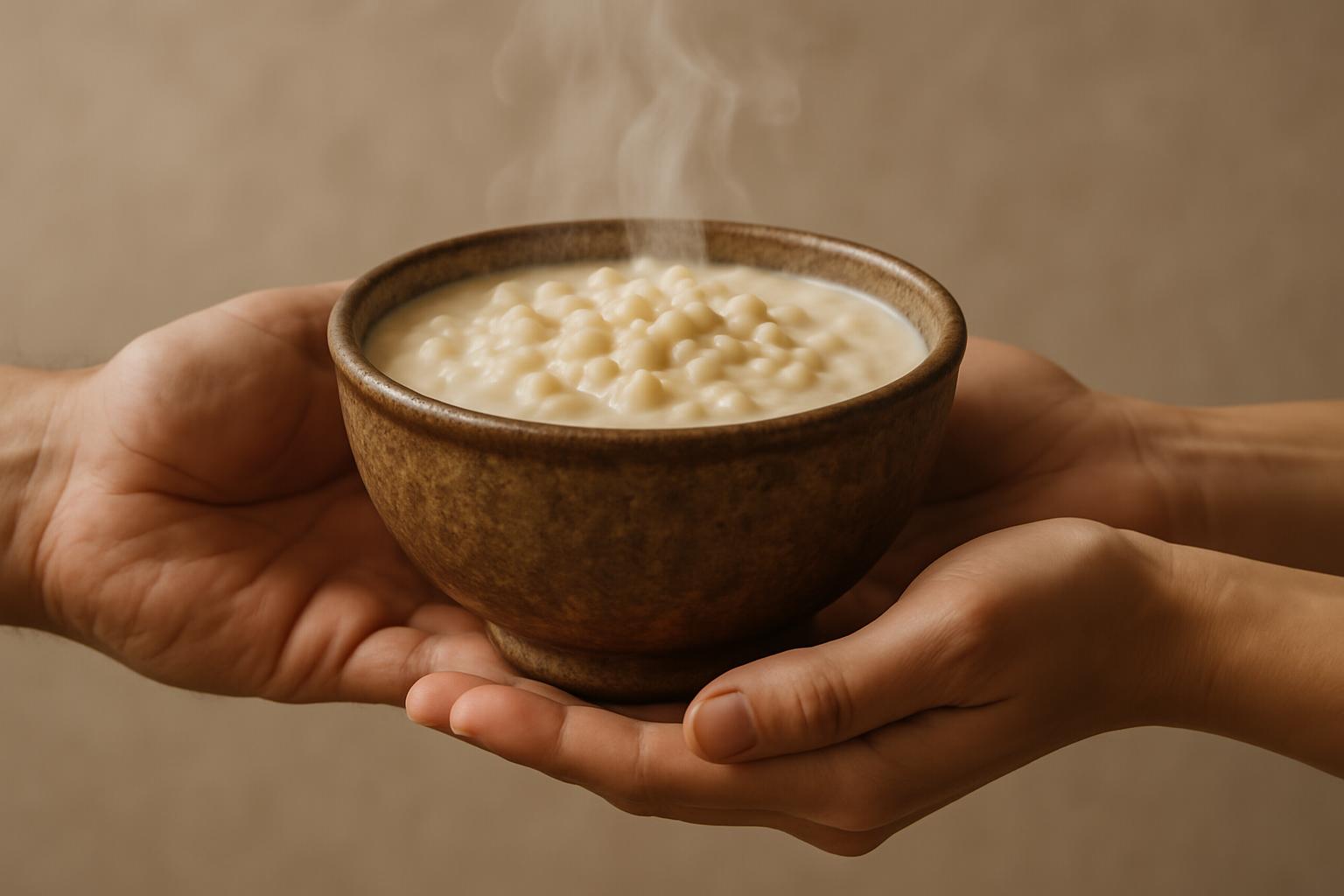 Tigela de canjica sendo oferecida de uma mão para outra, simbolizando partilha.