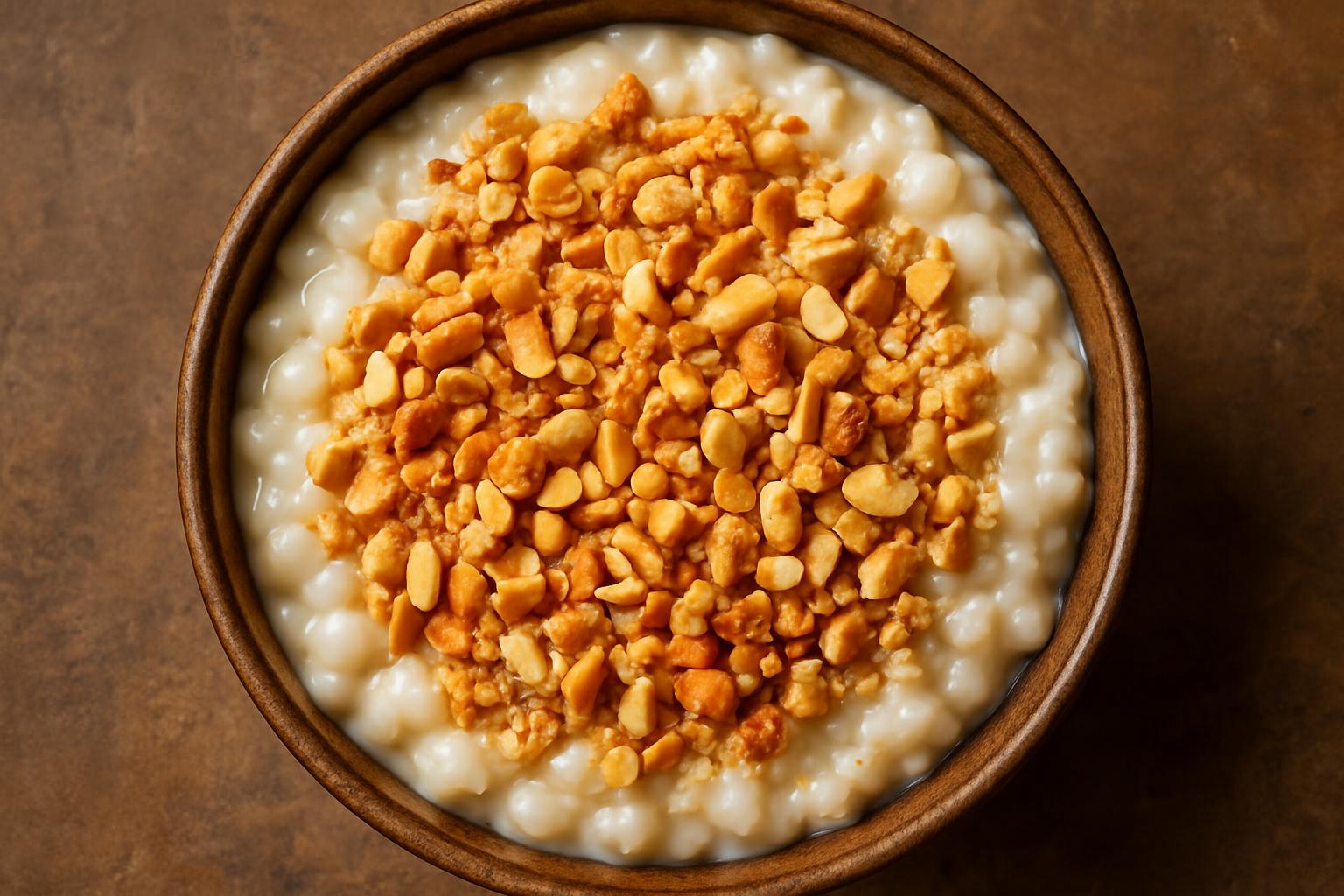 Tigela de canjica doce cremosa coberta com amendoim torrado e moído.