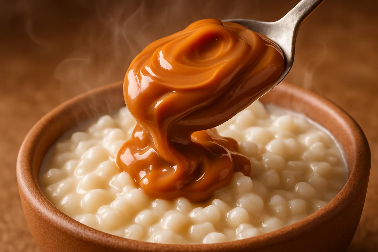 Close-up de doce de leite sendo adicionado à canjica na tigela.