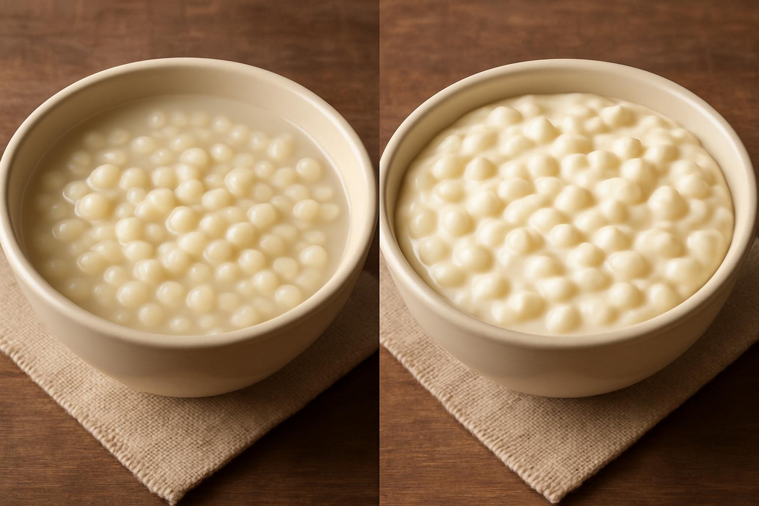 Comparação visual lado a lado: uma tigela com canjica rala e outra com canjica no ponto cremoso ideal.