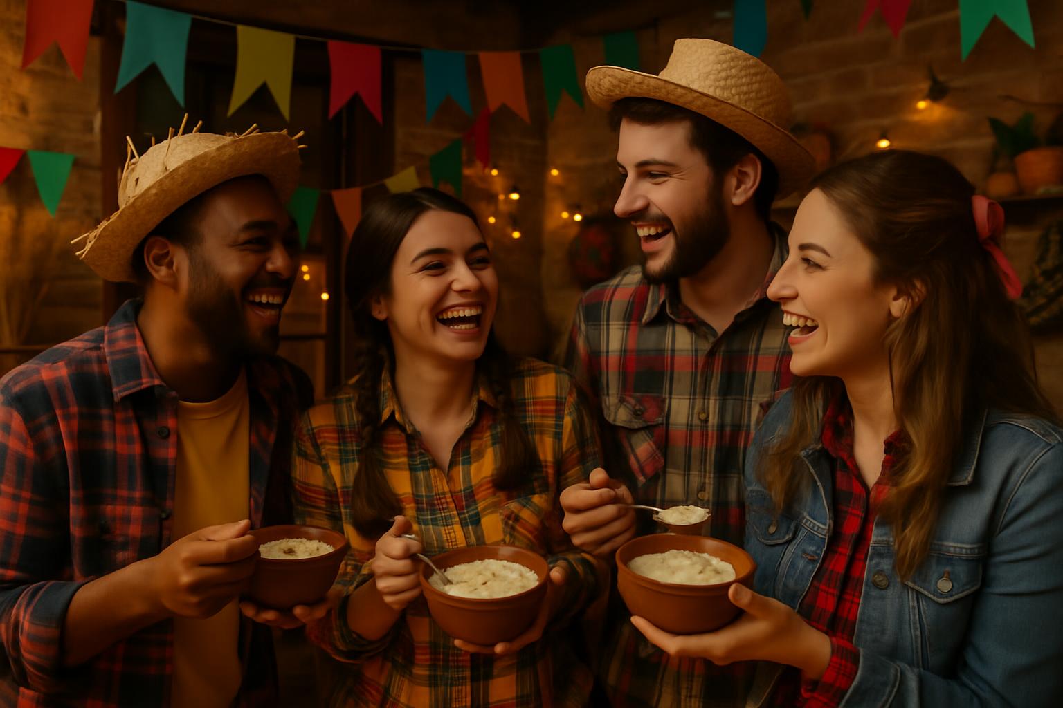 Pessoas sorrindo e conversando animadamente enquanto saboreiam tigelas de canjica em uma festa junina aconchegante.