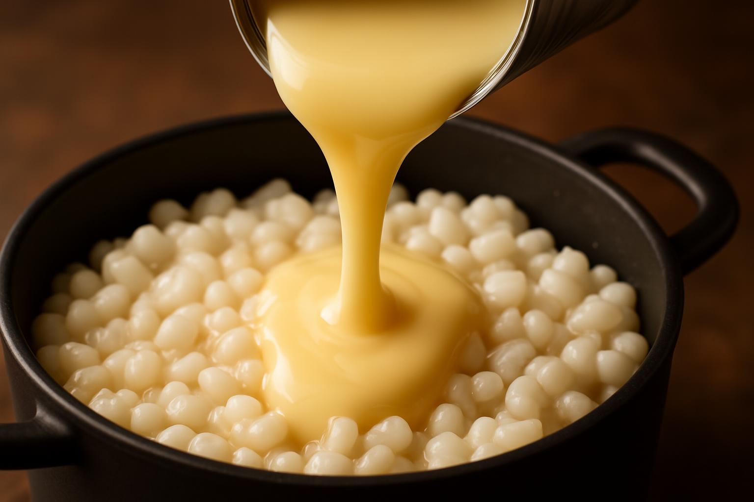 Leite condensado sendo despejado lentamente na panela com a canjica, criando um fio cremoso.