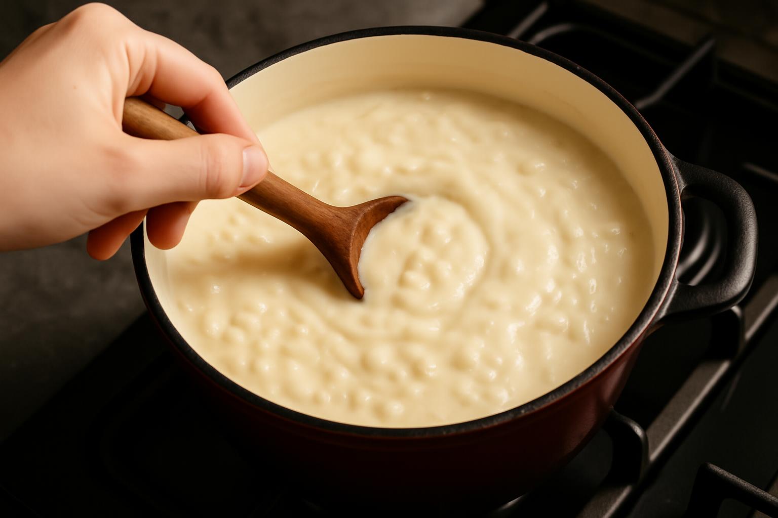 Mão mexendo a canjica na panela com uma colher de pau, mostrando o caldo começando a engrossar.