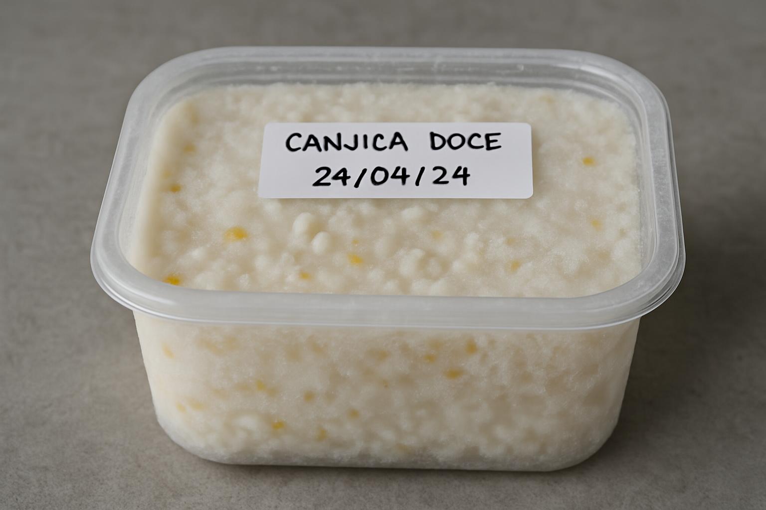 Pote plástico com canjica congelada e etiquetada no freezer.