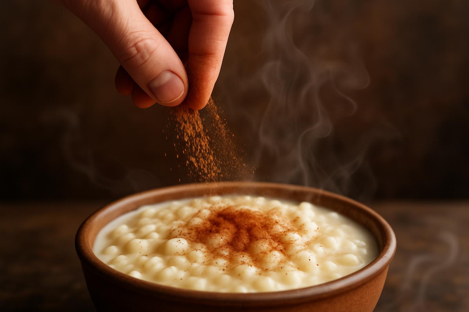 Mão polvilhando canela em pó sobre uma tigela de canjica fumegante.