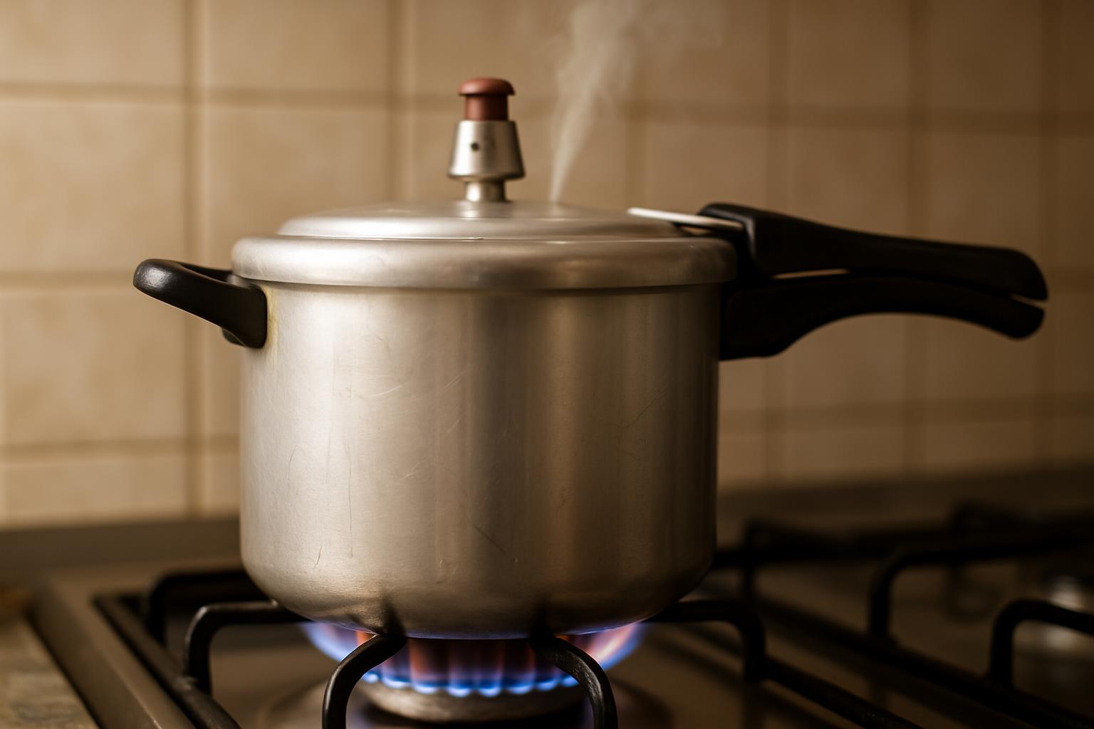 Panela de pressão no fogão, mostrando o vapor saindo ou o pino girando durante o cozimento da canjica.