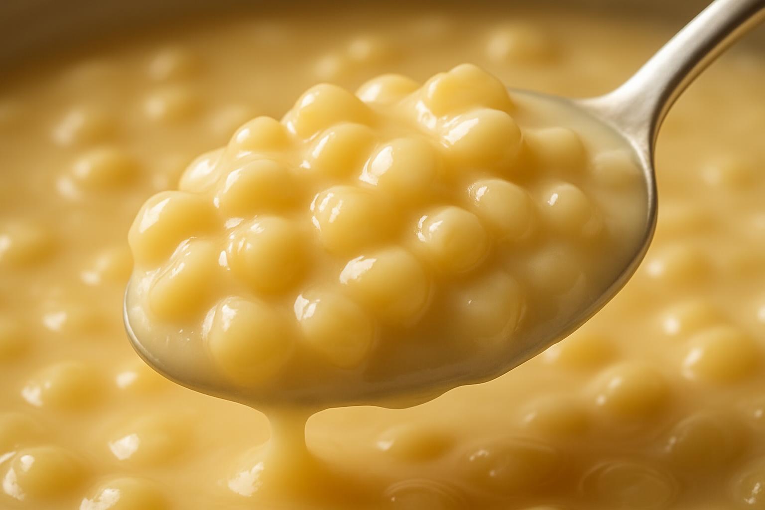 Close-up da textura ideal da canjica cremosa, mostrando o caldo encorpado envolvendo os grãos.