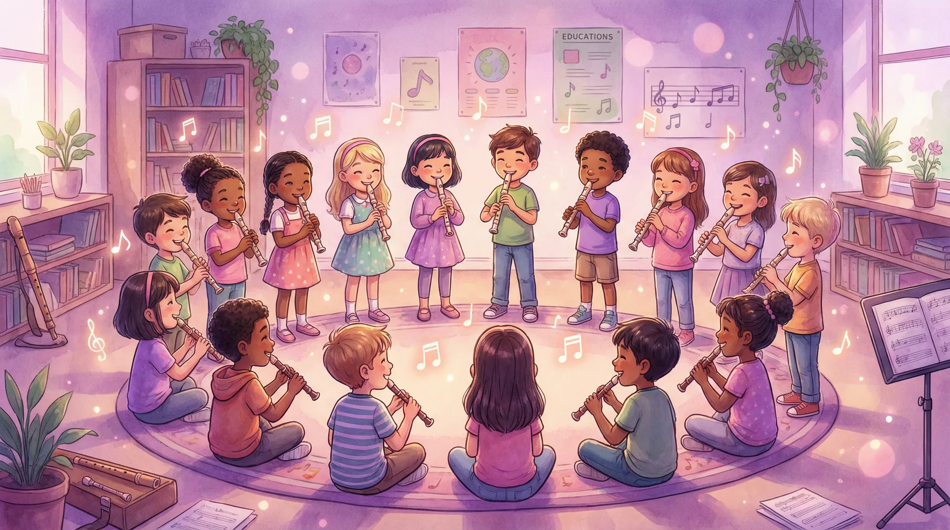 Crianças tocando flauta doce em sala de aula de musicalização infantil